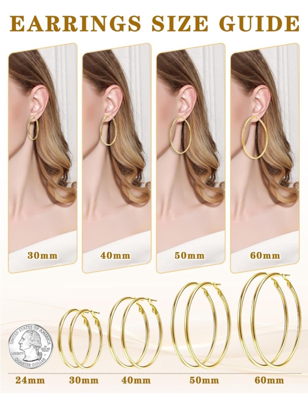 14k GP Steel Hoop Earrings - 4 pairs/sizes in set